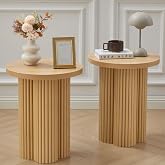 MAHYIZYI Small Sofa Side Table Set of 2, Fluted Accent Pedestal End Table, Wood Round Night Stand, Farmhouse Bed Side Table Drink Tables for Living Room, Small Spaces (Natural-2PCS)
