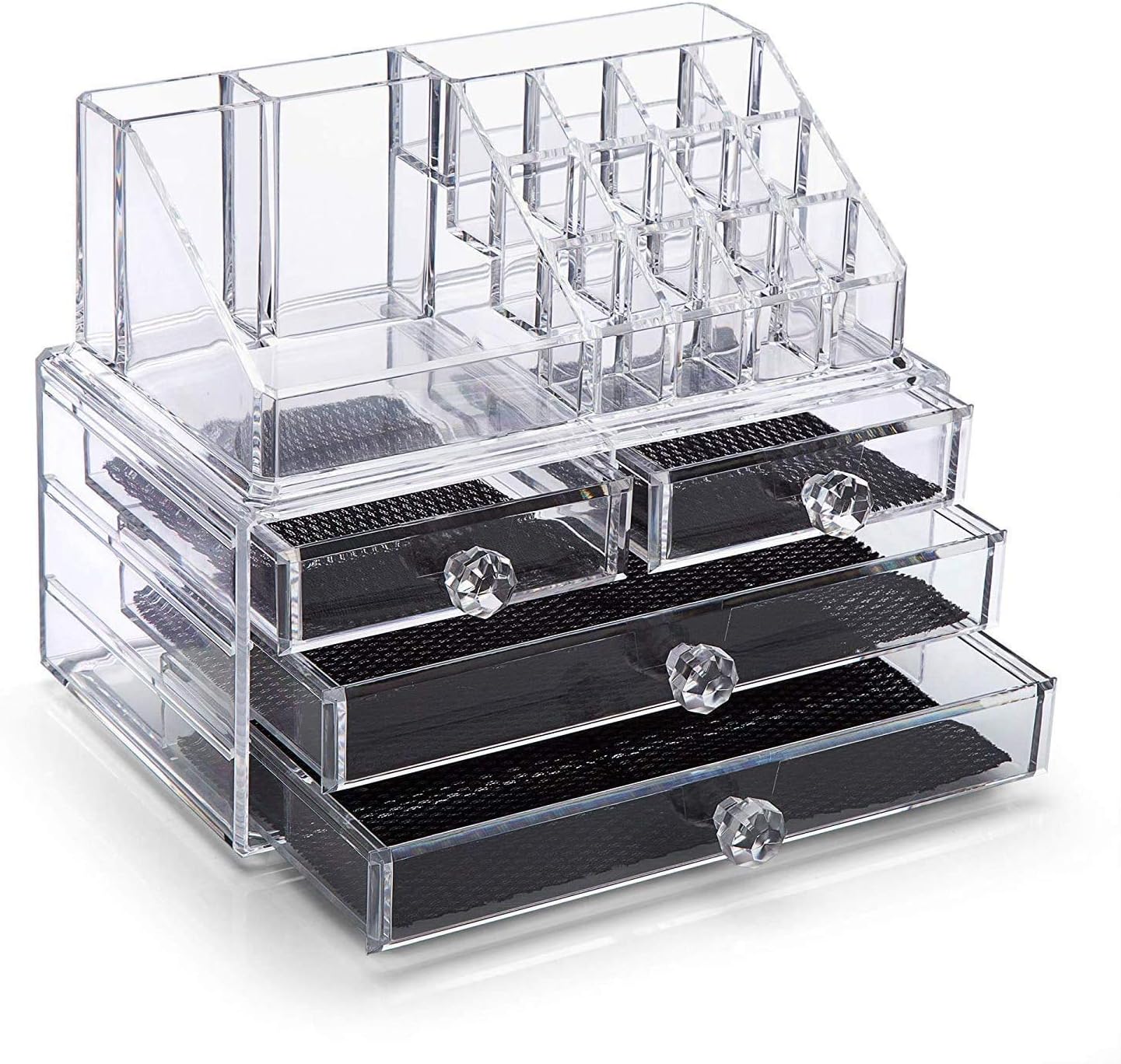 iPEGTOP Acrylic Clear Make Up Organiser Cosmetic Storage Box Display Makeup Case, 20 Sections with 4 Drawers, Diamond Drawer Handle: Home Improvement