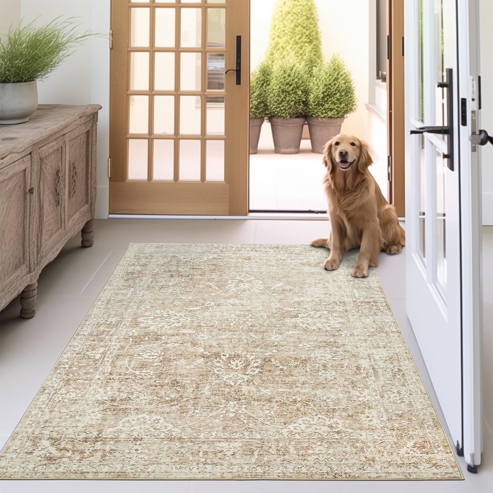 Photo 1 of Madane Washable Area Rug 3x5, Low Pile Stain Resistant Vintage Area Rugs, Non Slip Accent Rug Floral Print Indoor Mat for Living Room Kitchen Bedroom, Beige/Brown