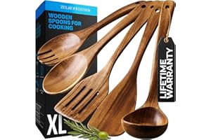 Zulay Kitchen Extra-Large 5-Piece Wooden Spoon Set - Smooth Teak Cooking Utensil
