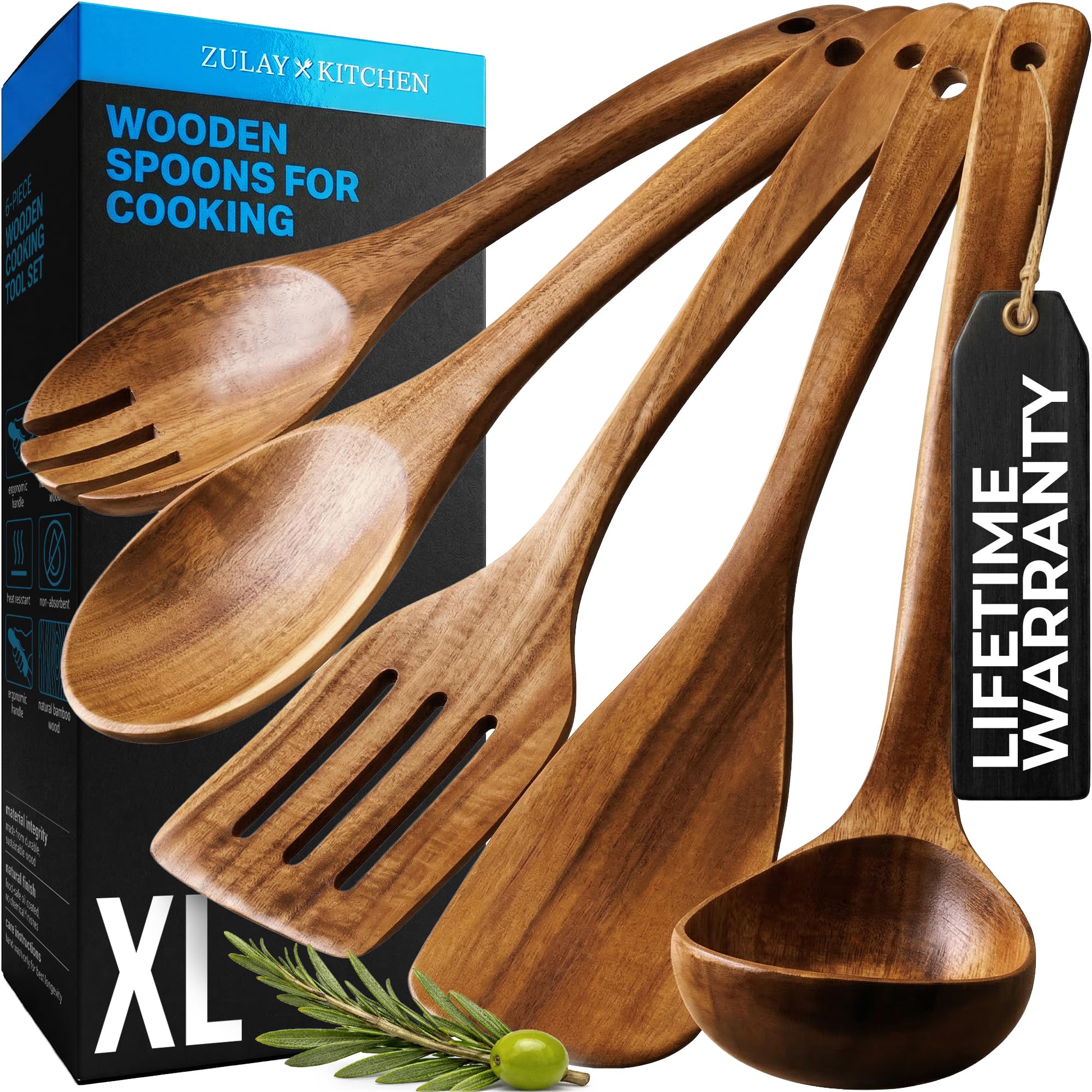 Zulay Kitchen Extra-Large 5-Piece Wooden Spoon Set - Smooth Teak Cooking Utensils - Comfort-Grip Non-Stick Turner, Spatula, Skimmer, Fork, Serving Spoon Image