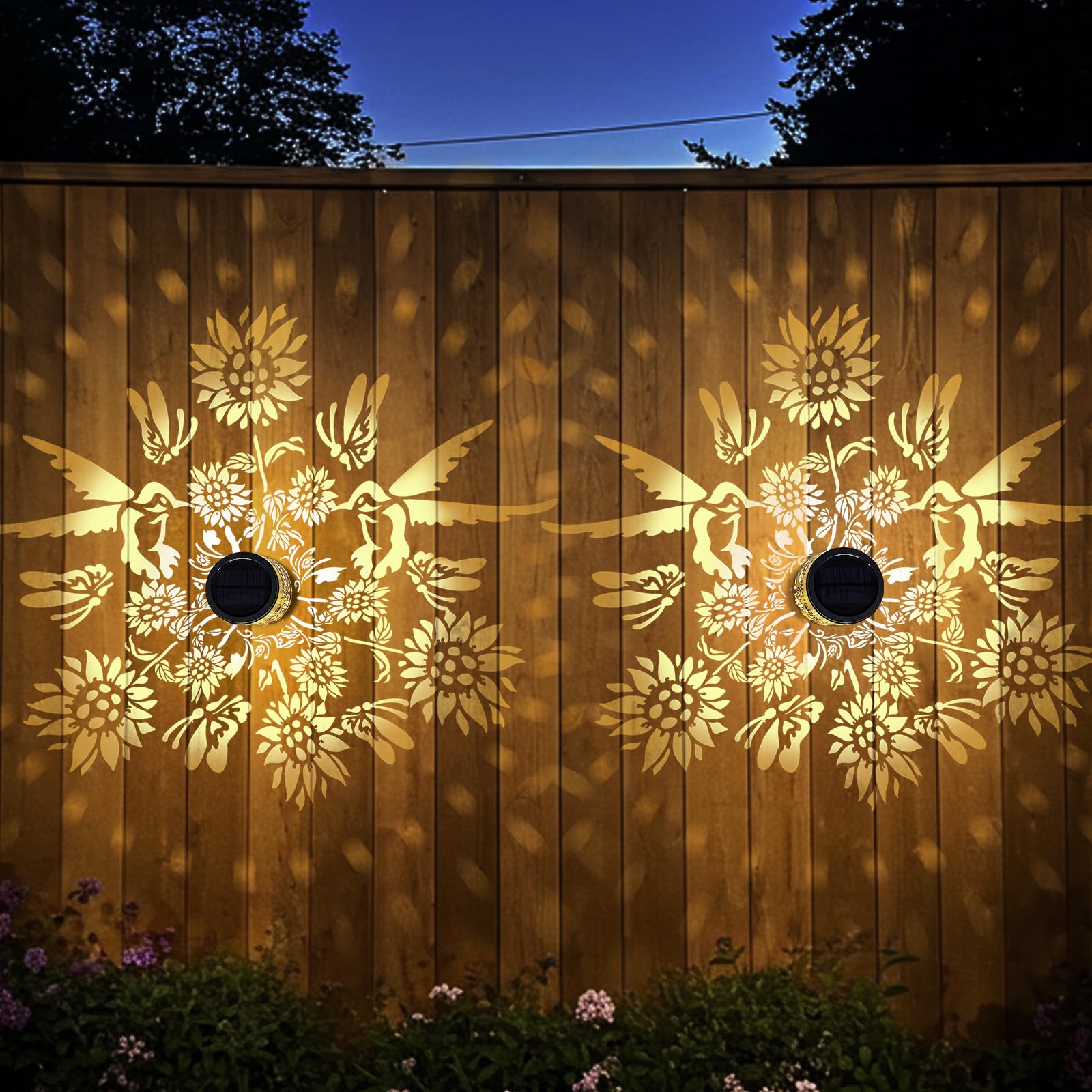 Photo 1 of Outdoor Fence Lights Solar Powered, 2 Pack Solar Wall Deck Step Lights Outdoor Waterproof IP65, Hummingbird Sunflower Themed Garden Decorations Decorative for Outside Front Door, Yard, Porch, Deck