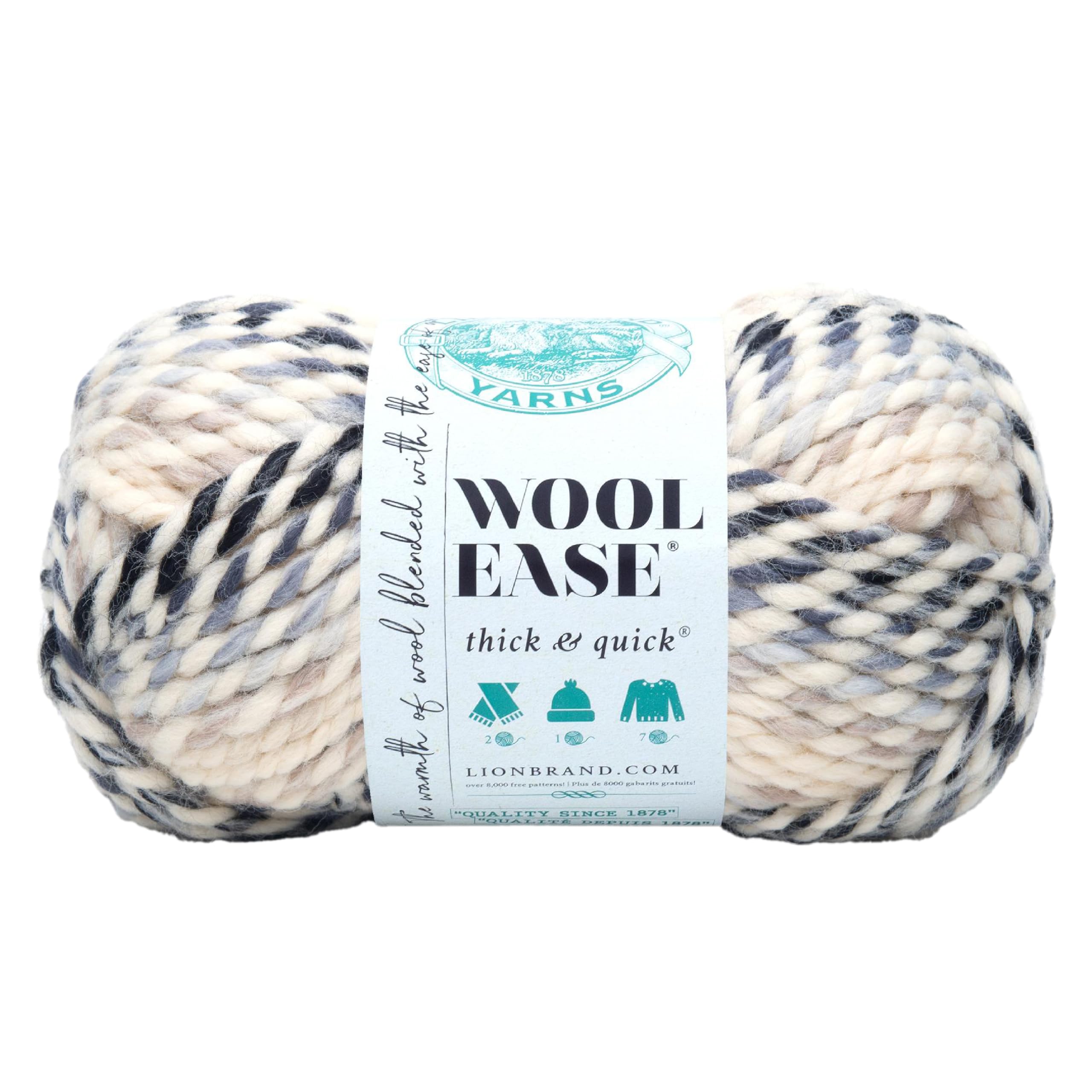 Lion Brand Yarn Wool-Ease Thick & Quick, Super Bulky Wool Blend Yarn for Knitting, Crochet, and Crafts, Moonlight, 1 Pack