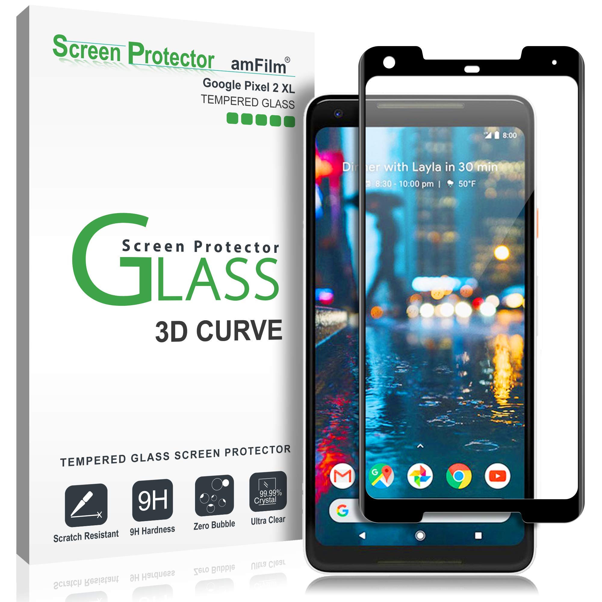 amFilm Google Pixel 2 XL Screen Protector Glass, Full Cover (3D Curved) Tempered Glass Screen Protector with Dot Matrix for Google Pixel 2 XL (Black)