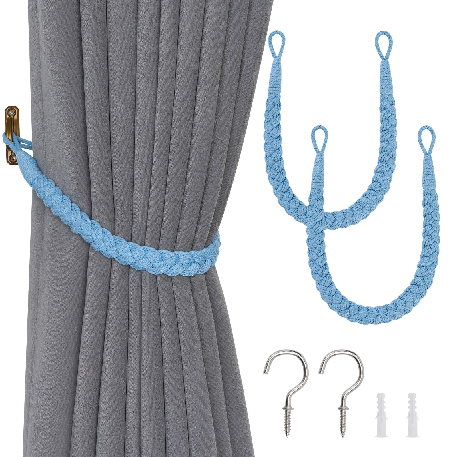 Pretty Jolly 2 Pack Natural Cotton Rope Curtain Tiebacks Elegant Boho Style Decorative Drape Tie Backs Soft Hand-Woven Rope Curtain Holdbacks with Metal Hook for Home & Office Drapery (Light Blue)