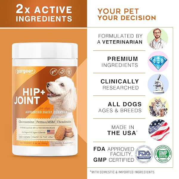 GARGEER HIP & JOINT MOBILITY HEALTH SUPPLEMENT. RICH WITH NATURAL GLUCOSAMINE, MSM AND GREEN LIPPED MUSSEL. VET CREATED – FOR ALL DOG BREEDS & AGES. 160 DUCK FLAVOR SOFT CHEWS. MADE IN THE USA. ENJOY!