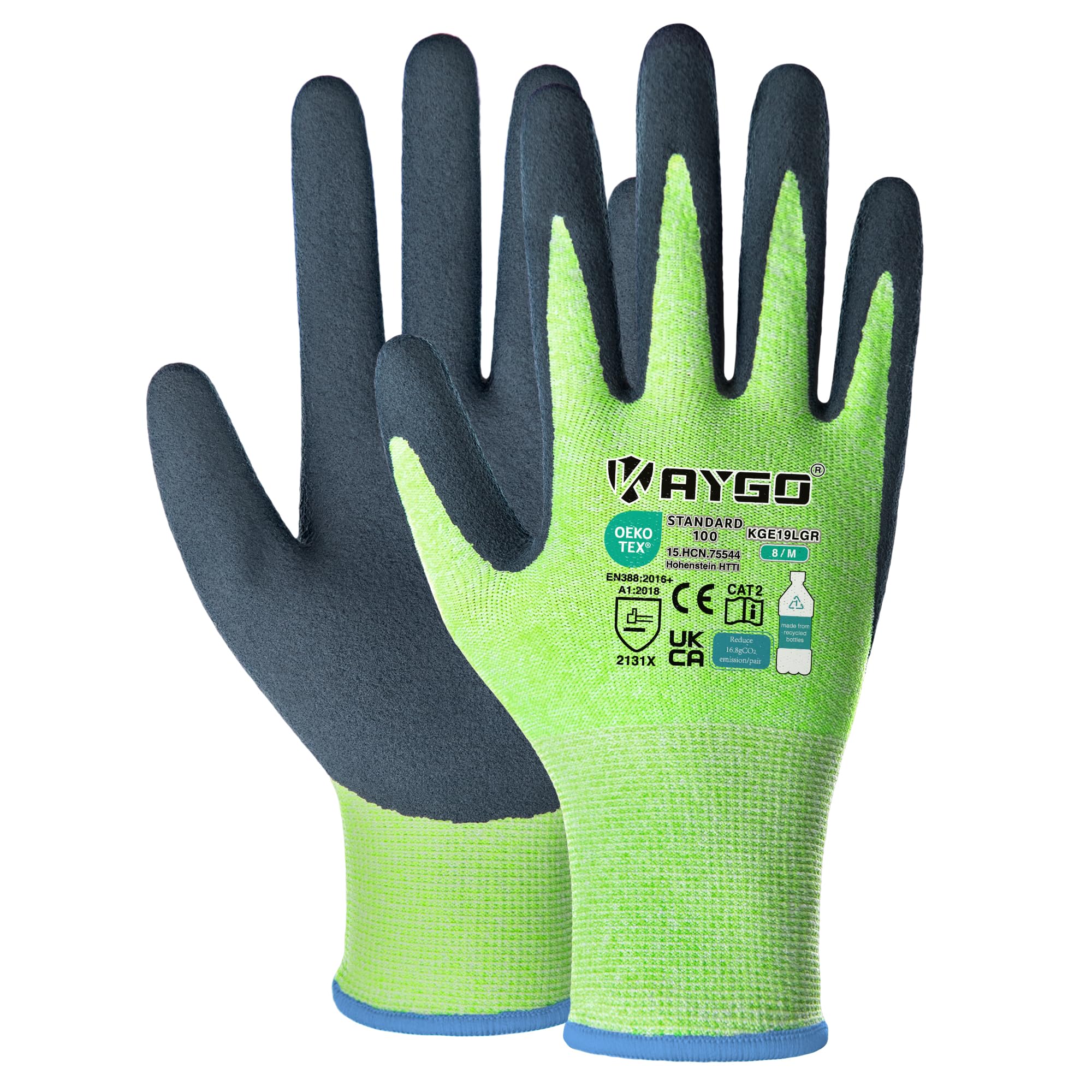 KAYGO Latex Coated Work Gloves for Men Women Breathable, 3 Pairs Recycled Polyester Gardening Gloves, Safety Yard Work Gloves for Men, KGE19L (Green, Medium)