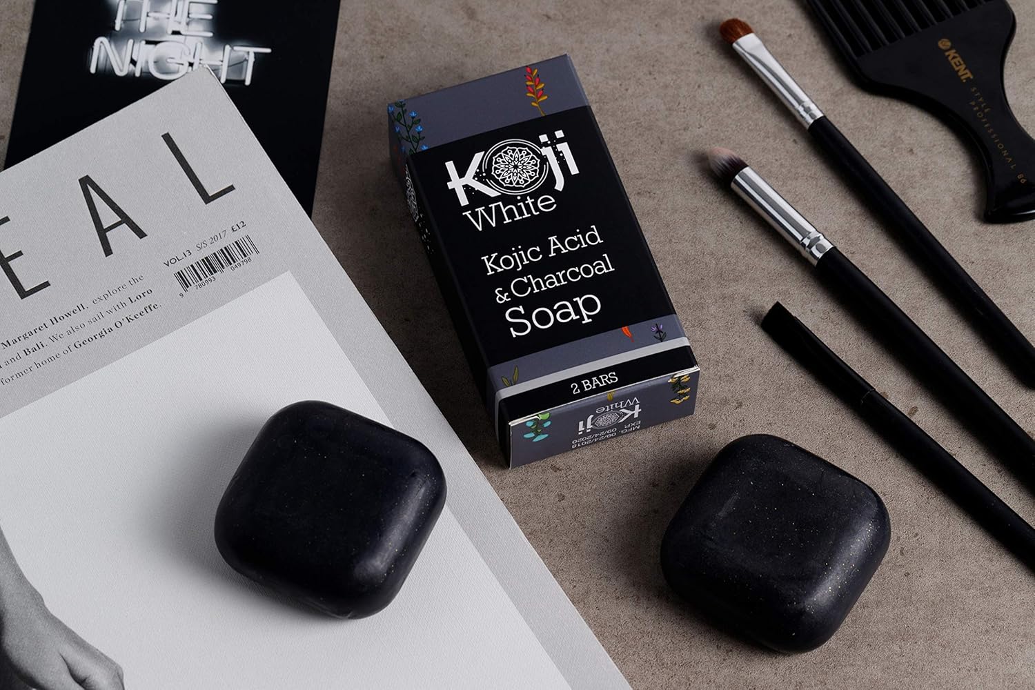 Koji White Kojic Acid & Charcoal Black Soap (2.82 oz / 2 Bars) - Brightening & Smoothing for Facial & Body - All Skin Type: Beauty