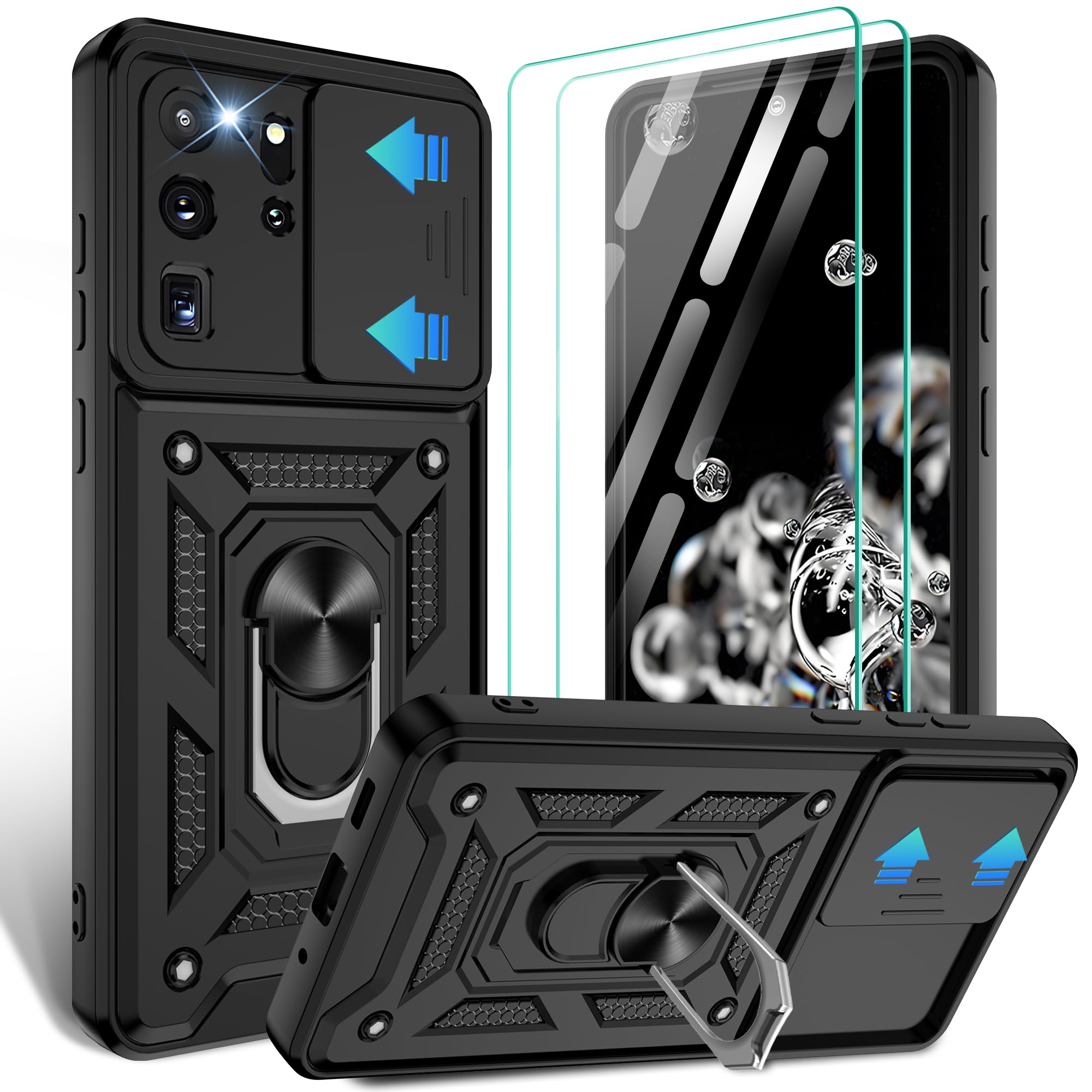 Photo 1 of Gritup for Samsung Galaxy-S20 Ultra 5G[6.9 inch] Case with Slide Camera Cover & [HD Screen Protector×2],360°Rotation Ring Kickstand [Military Grade],Black
