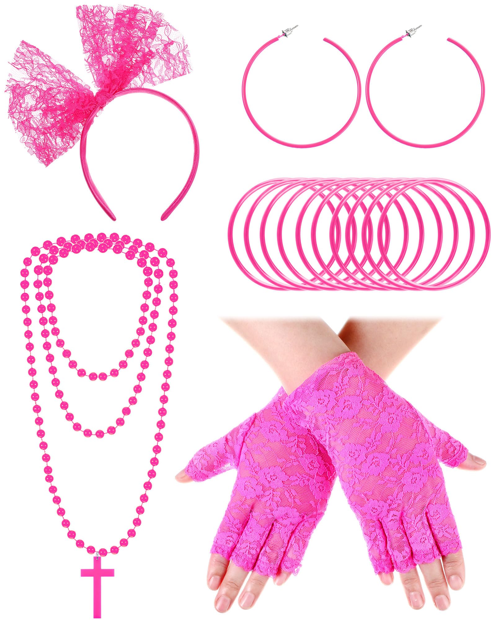 Blulu 80s Fancy Dress Costume Accessories Lace Headband Earrings Fishnet Gloves Necklace Bracelet for 80s Retro Party(Rose Red) — image 1