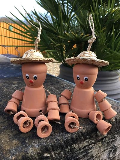 hdg Set of 2 Clay Terracotta Flower Pot Men Bill & Ben Style Small Size