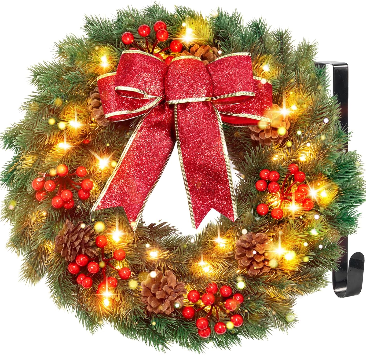 Wreaths, Garlands & Swags - Christmas Wreath with Hanger & Timer - 17’’ Pre-Lit Lighted Christmas Door Wreaths for Front Door with 40 LED Lights Decorations for Window Outdoor Wall Decor