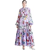 LAI MENG FIVE CATS Women's Tie Neck Floral Print Lantern Sleeves Button Loose Fit Tiered Flowy Maxi Dress