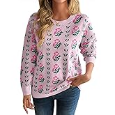 Saodimallsu Womens Long Sleeve Floral Sweaters Fall Crew Neck Casual Loose Knitted Pullover Tops