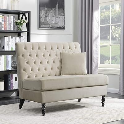 BELLEZE Beige Velvet Modern Loveseat Bench Sofa with Tufted Back