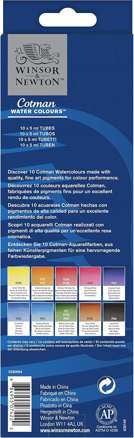 Winsor & Newton, Cotman Watercolour Set, 10 x 5ml Tubes, Cotman Watercolour Starter Tube Set of 10 * 5ml, 50 ml (Pack of 1) - Image 3