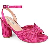 Zzheels Women's Bow Knot Heeled Sandals Open Toe High Block Ankle Strap Chunky Heels Bride Wedding Shoes Rose US7