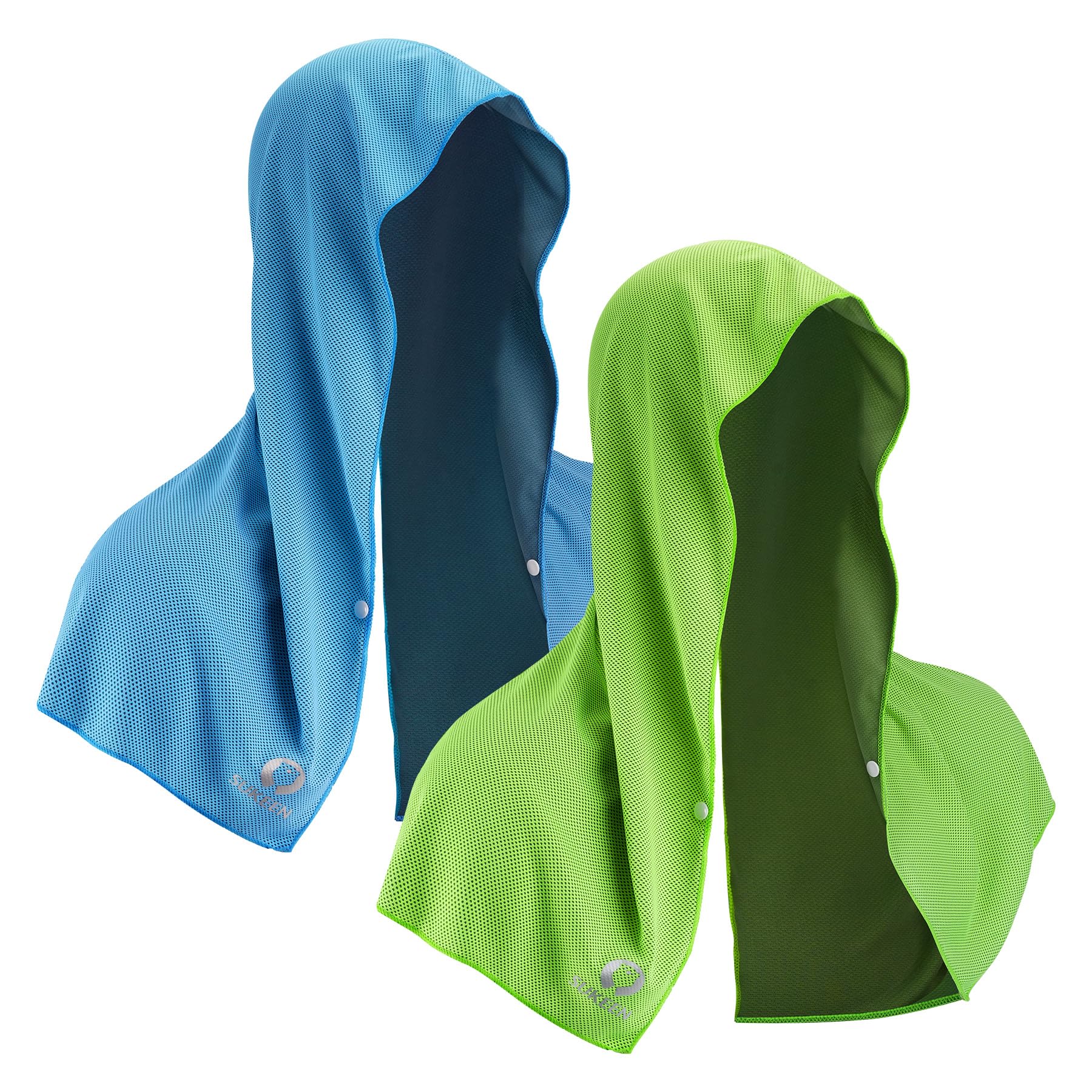 Sukeen Cooling Hoodie Towel, 2 Pack Cooling Towels for Neck and Face, Quick Drying Absorbent Cooling Head Towel Microfiber Towel, Soft Cooling Neck Wraps for Beach Camping Gym Construction-Blue/Green