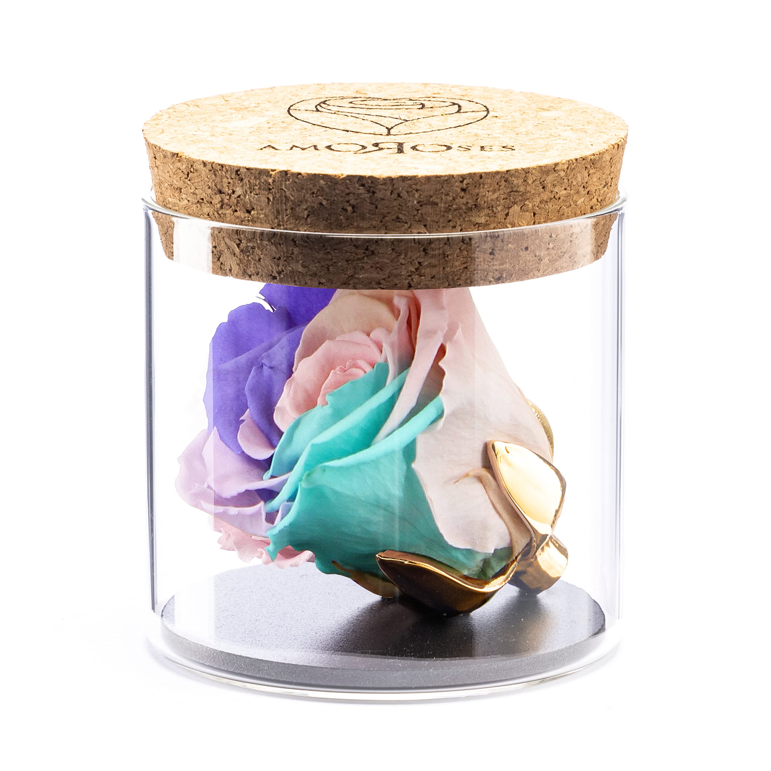 Amoroses Bijou - Eternal Stabilised Rose with 24K Gold Plated Calyx in Glass Jar | Gift Idea (Unicorn Multicolor Rose)