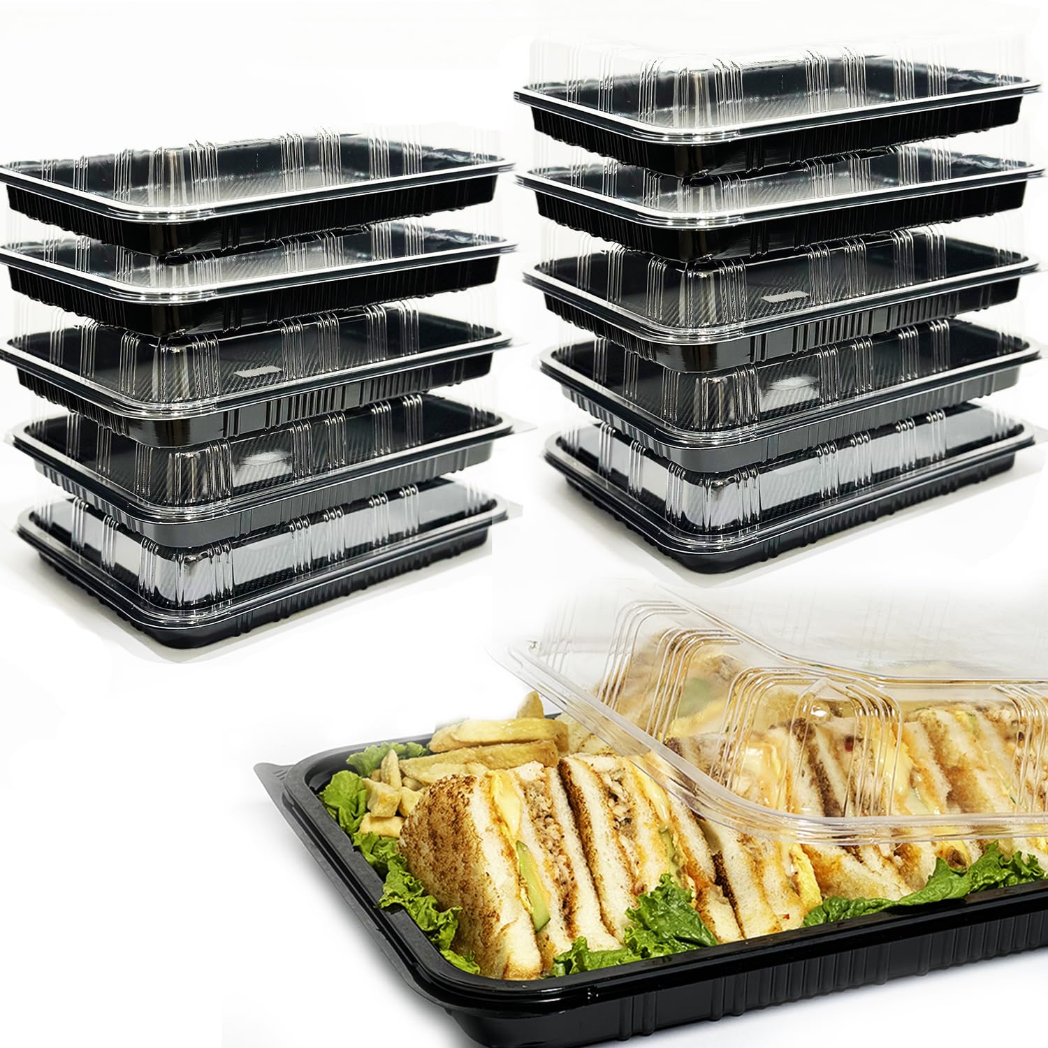 TRAYA Pack of 10 Reusable Sandwich Platter Trays With lids - Reusable Plastic Catering Trays With Lids for Meal Prep, Cakes, Treats and Sandwiches (33.5cm x 24cm x 7cm)