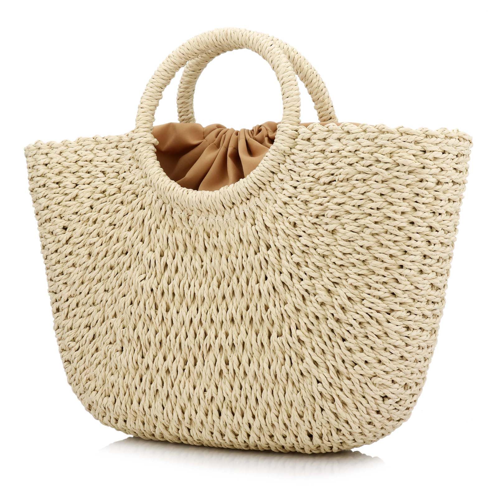 Large Tote Bag Straw Bag Woven Stripes Retro Summer Beach Bag Straw Bags for Women Hand-woven Round Handle (Beige)