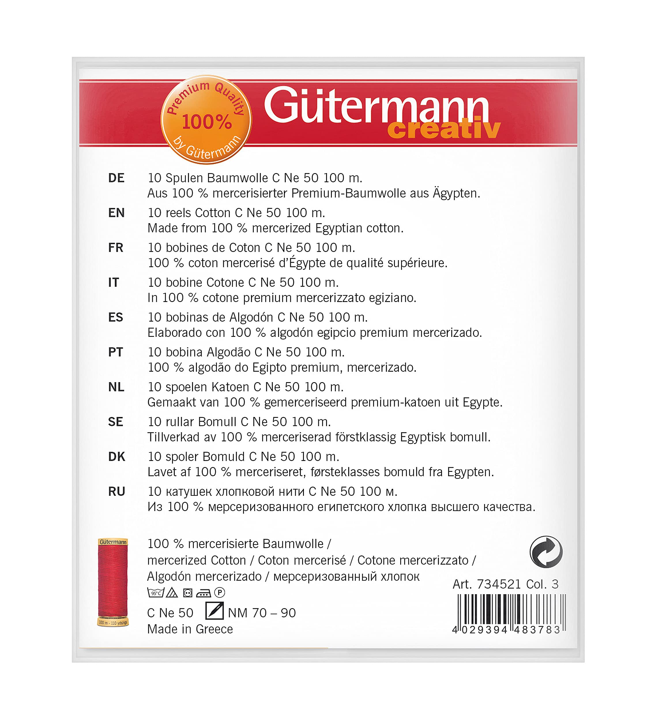 Gutermann 734521-3 Thread Set Natural Cotton 50 100m/10 reels, Col 2 Assorted