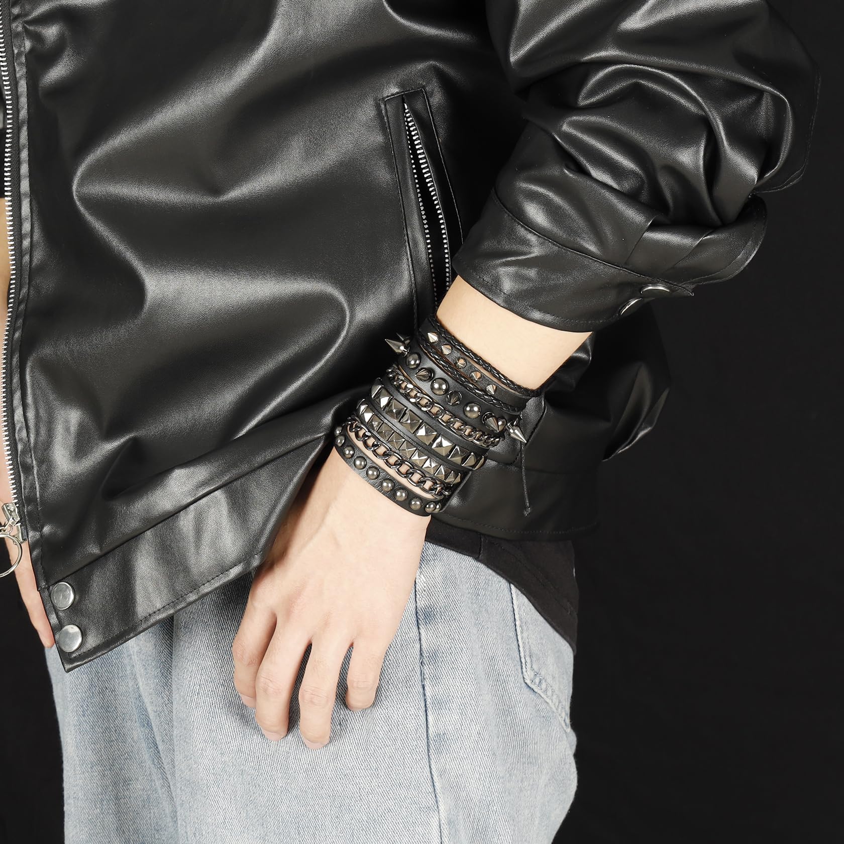 Eigso Leather Punk Rock Cuff Bracelets for Men Women Retro Vintage Chain 80s Wristband Set for Man Woman