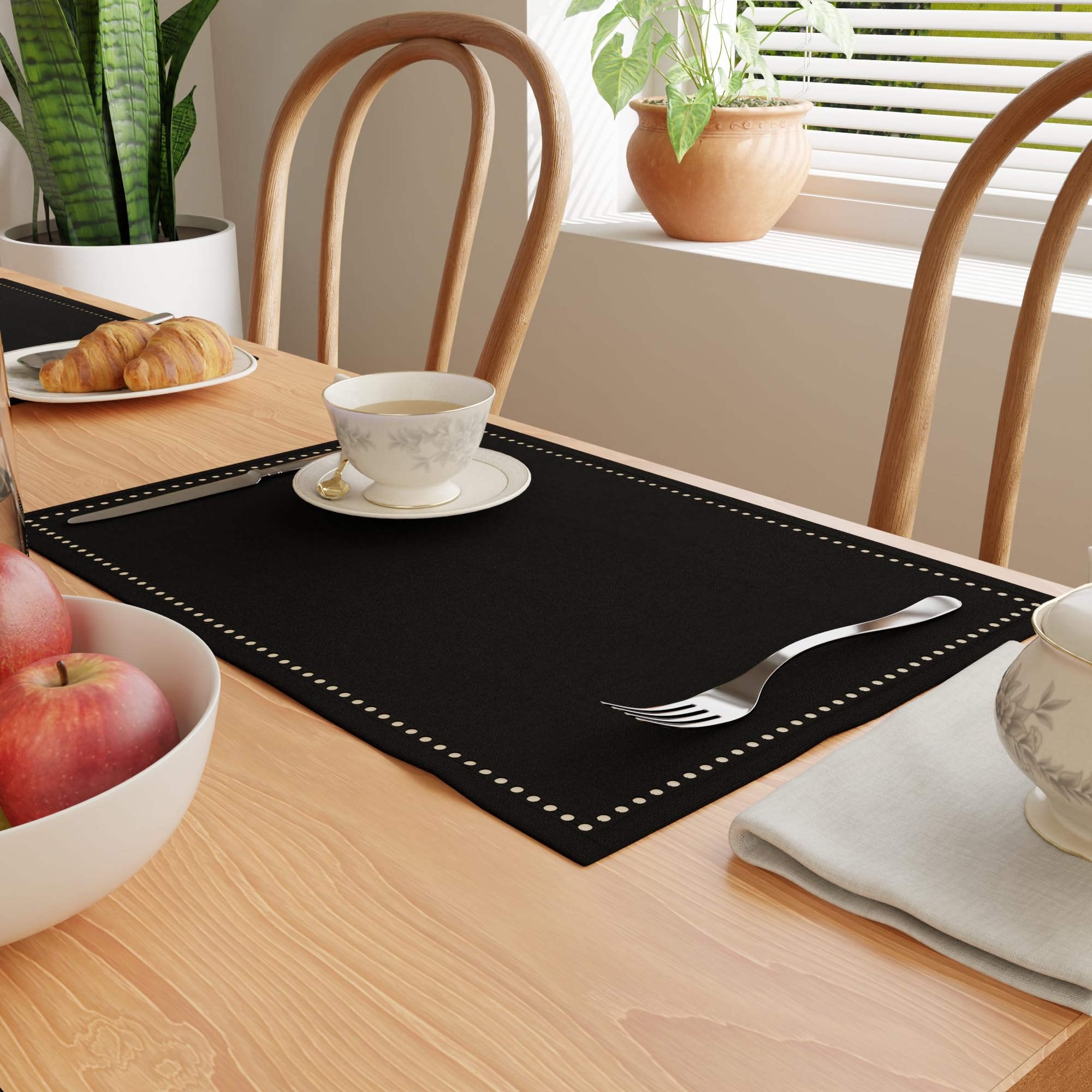 Encasa XO Placemats Set of 4 | Pure Cotton Hemstitched Design | Black | Rectangular 48x32 cm - Dining Table Mat | Machine Washable — image 1