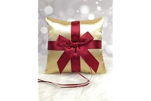 Abbie Home Flower Ring Bearer Pillow in Gold Satin Cover with Burgundy Ribbon Bow Decor Luxury Collection Party Favor Set