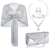 Hicarer 5 Pcs Silver Clutch Purse and Shawl Wraps Jewelry Set for Women Dressy Evening Accessories Formal Set