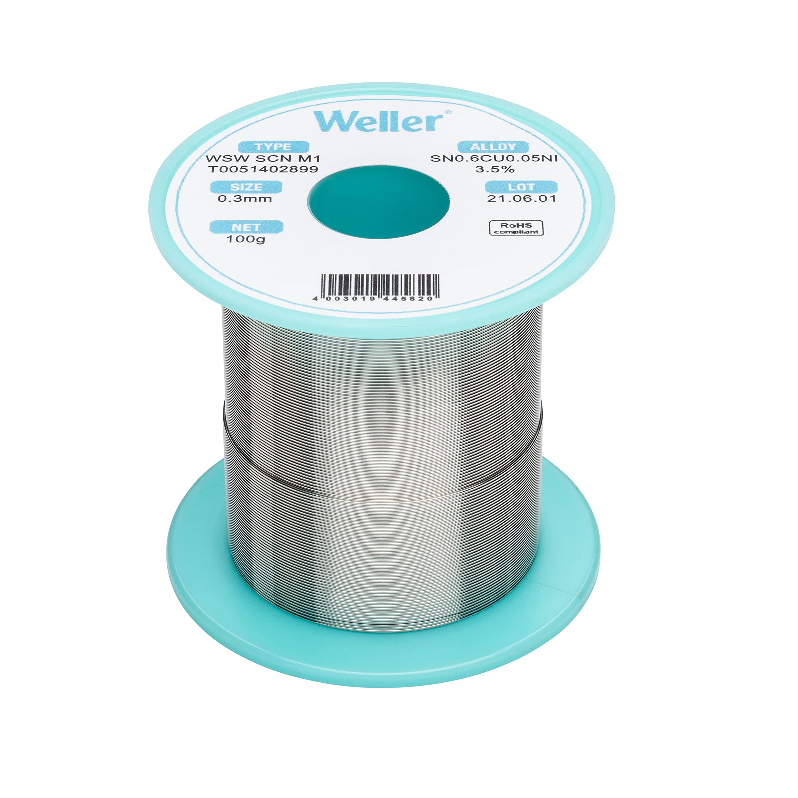 Weller WSW SCN M1 (T0051402899) Lead Free Solder Wire, Ø 0.3mm, Alloy Sn99.3Cu0.6Ni0.05, Flux Content 3.5%, 100g