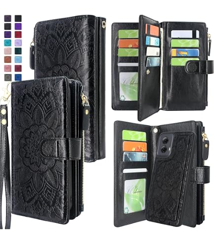 Luxury Vegan Leather Wallet Case With Zipper For Moto G Power 2025 + Tempered Glass