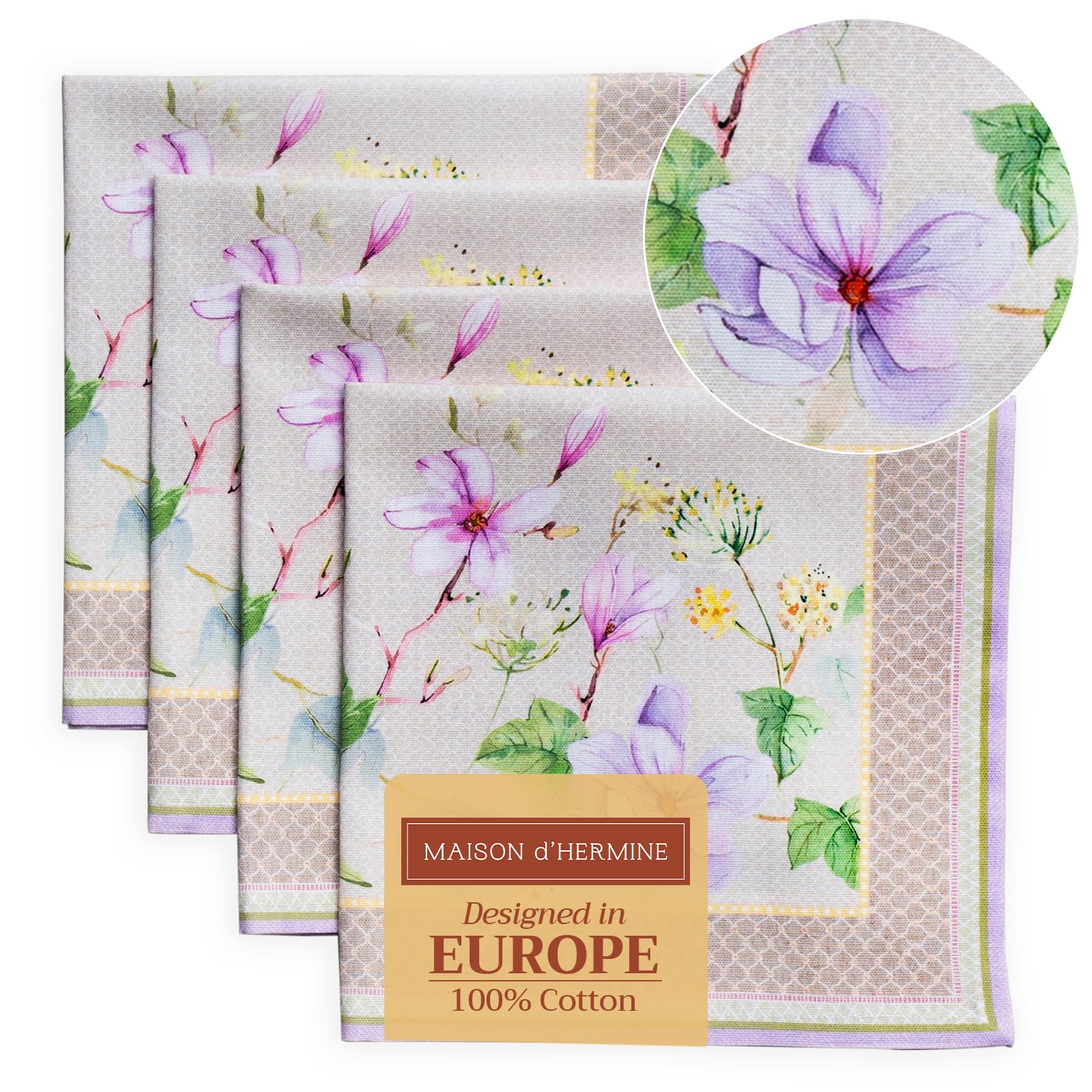 Maison d' Hermine Cloth Napkins Set of 4 100% Cotton Everyday Reusable Square Napkins Cloth Washable Dinner Party Wedding Restaurant Gifts for Mothers Day (Magnolia Mornings, 45 CM x 45 CM)