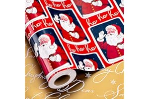 MAYPLUSS Vintage Christmas Santa Wrapping Paper Roll - 17 Inch X 33 Feet - Reversible Red Festive Season's Greetings Santa Holiday Christmas Gift Wrap Thick Paper for Holiday, Birthday, New Year