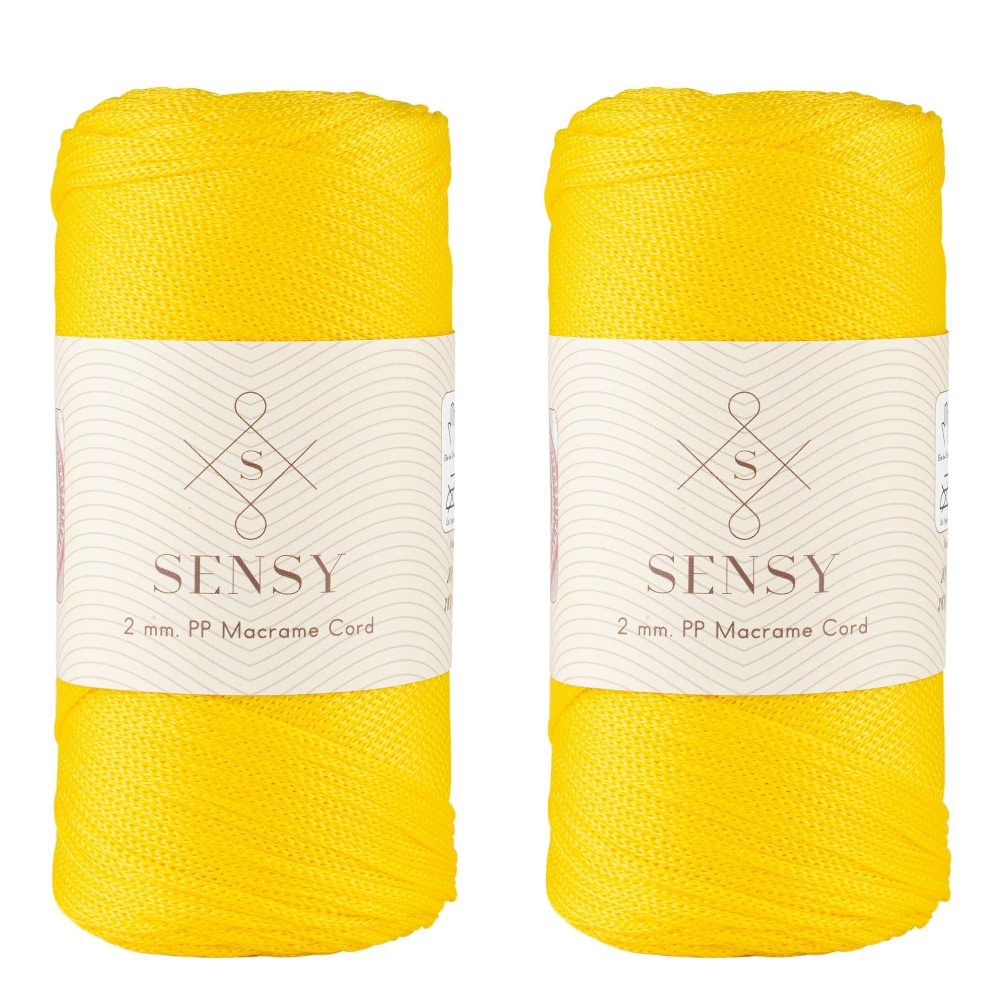 2 Yarn Strands Sensy Premium 2-mm 230-metre Polyester Rope, 100% Polypropylene Cord, Macrame Cord, 2-mm Crochet Bag Cord, Macrame Rope, Crochet Yarn Gift for Knitwear (Yellow)