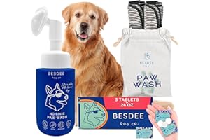 BESDEE DOG CO. Dog Paw Cleaner, for All Dogs Large, Medium & Small, Puppy Paw Wash Scrubber, Wipe Pet Feet Dry with 2 Incl. Towels, Fragrance-Free No-Rinse, 3 Earth-Friendly Tablets = 3 Bottles or 24 fl oz