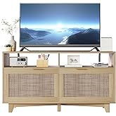 SRIWATANA TV Stand for Televisions up to 55 Inch, Wooden Rattan TV Cabinet with Storage and Shelf, Boho Entertainment Center with Adjustable Shelf for Living Room, Bedroom, Oak