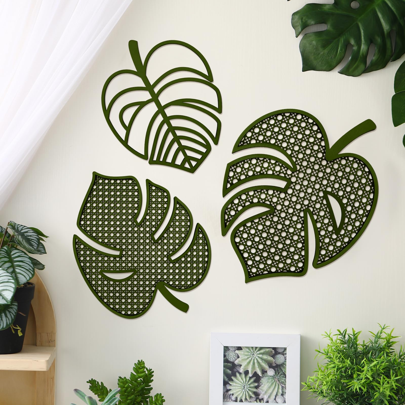 Photo 1 of Lineshading 3 Pcs Wooden Rattan Palm Tree Wall Decor Monstera Leaf Wooden Boho Art Tropical Plant Rattan Wall Decor for Home Bathroom(Green)