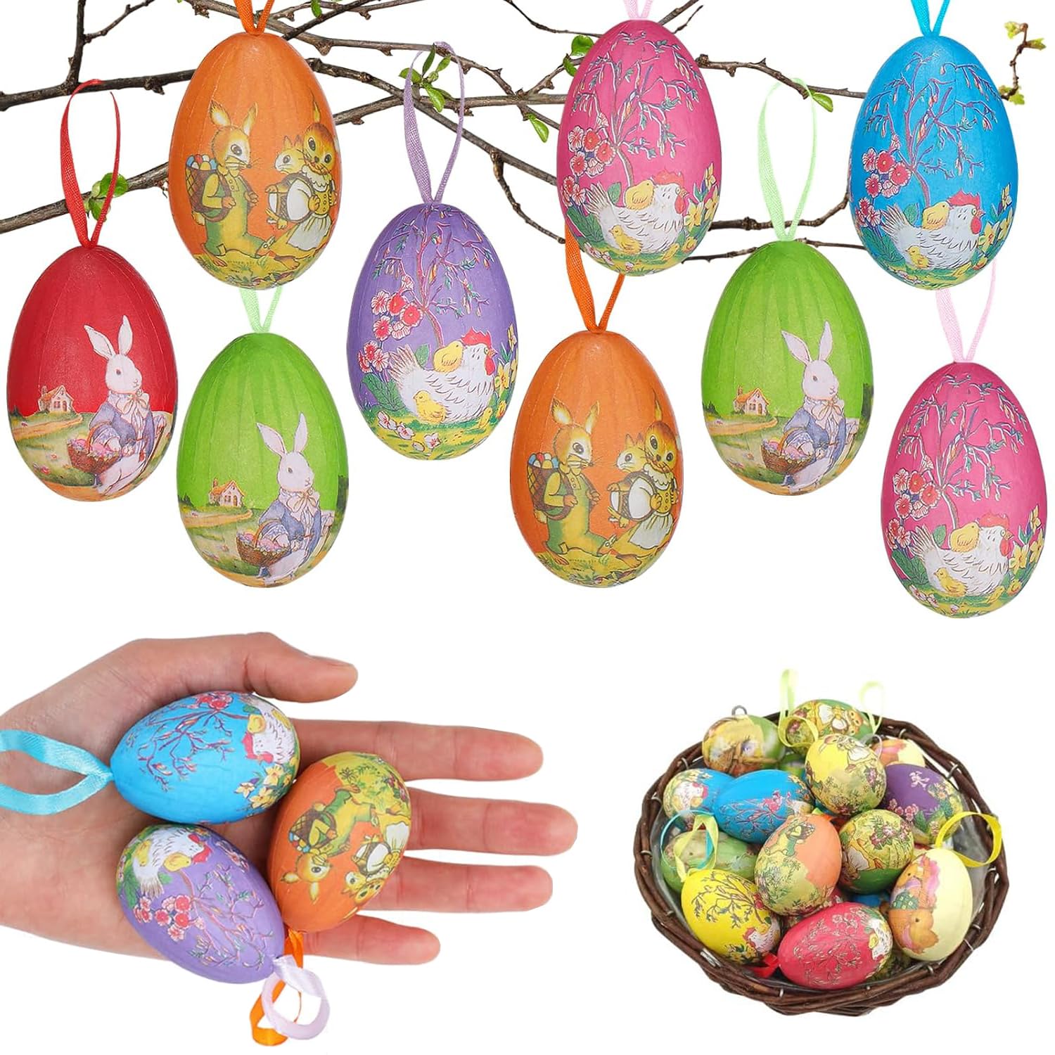 Norhogo 12pcs Colorful Paper mache Easter Eggs With Ribbon, Easter Decorations Eggs for DIY Home Decor, Easter Hanging Eggs Foam for Trees for 5 * 7cm random mixing of chick and rabbit