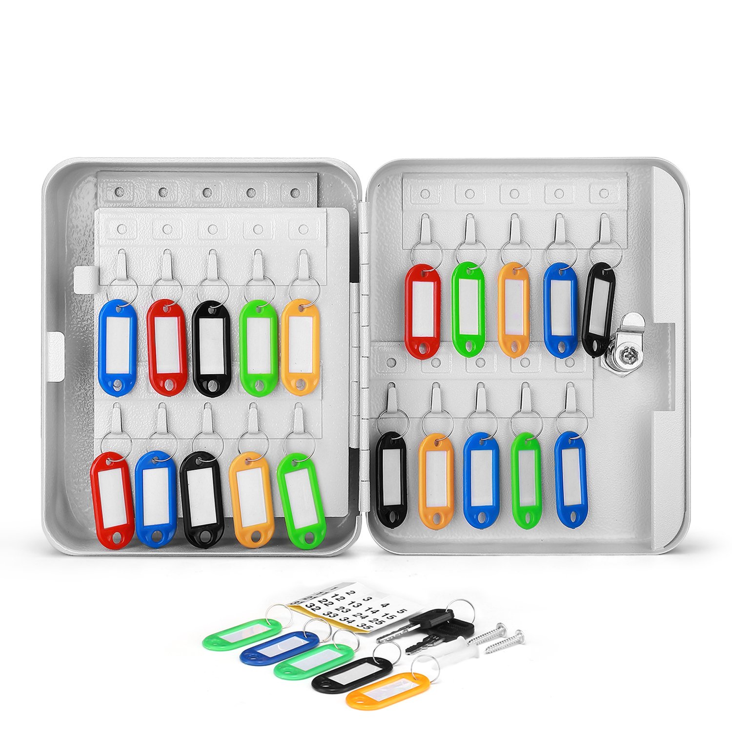 Flexzion Key Cabinet Steel Lock Box with 40 capacity Colored key Tags & Hooks - Wall Mounted Safe Organizer, Security Storage Lock Box System for Homes, Hotels, Schools or Business (Gray)