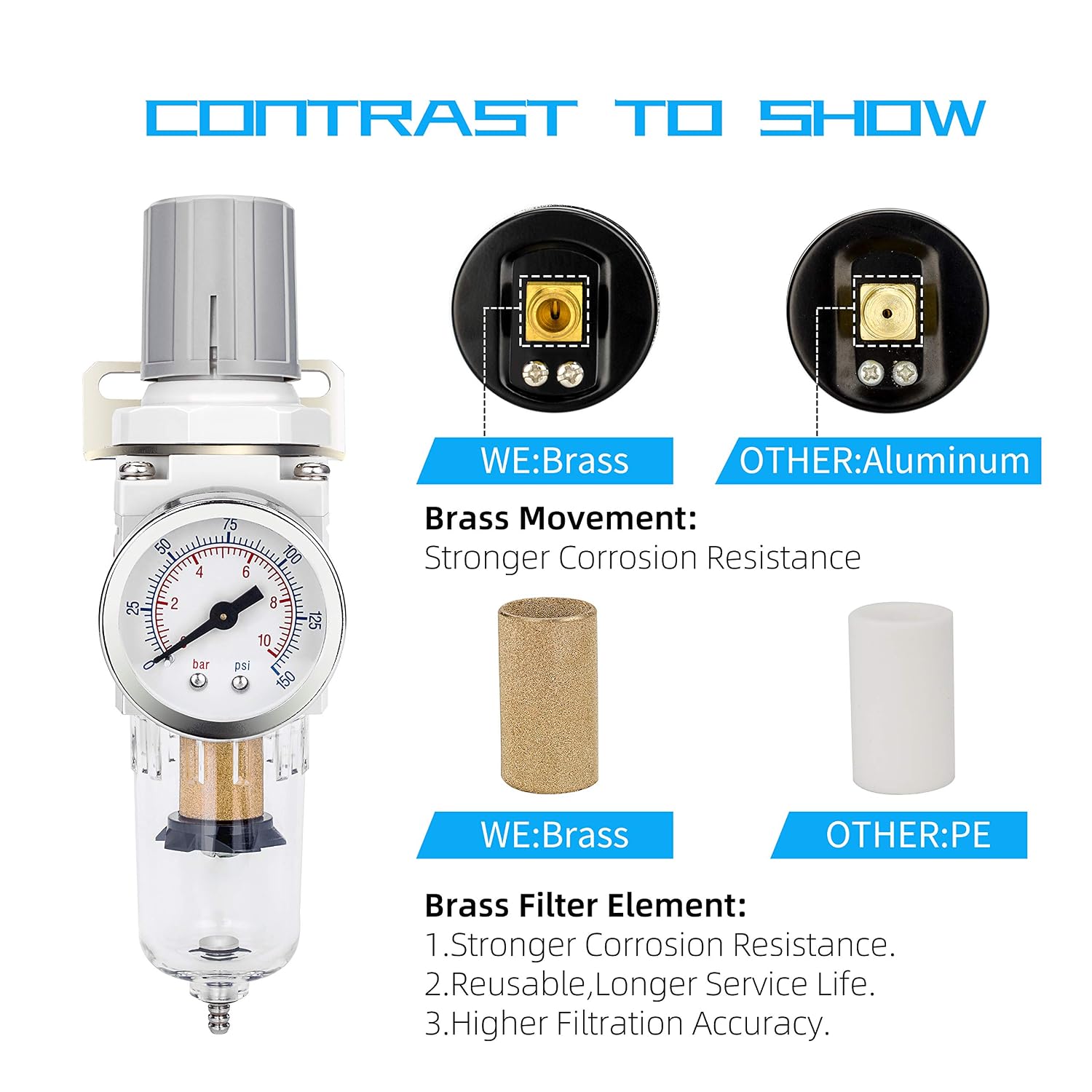 Filtre Régulateur D'air 1/2 BSP - Séparateur Eau/huile, Manomètre, Pour Compresseur 0-150 Psi