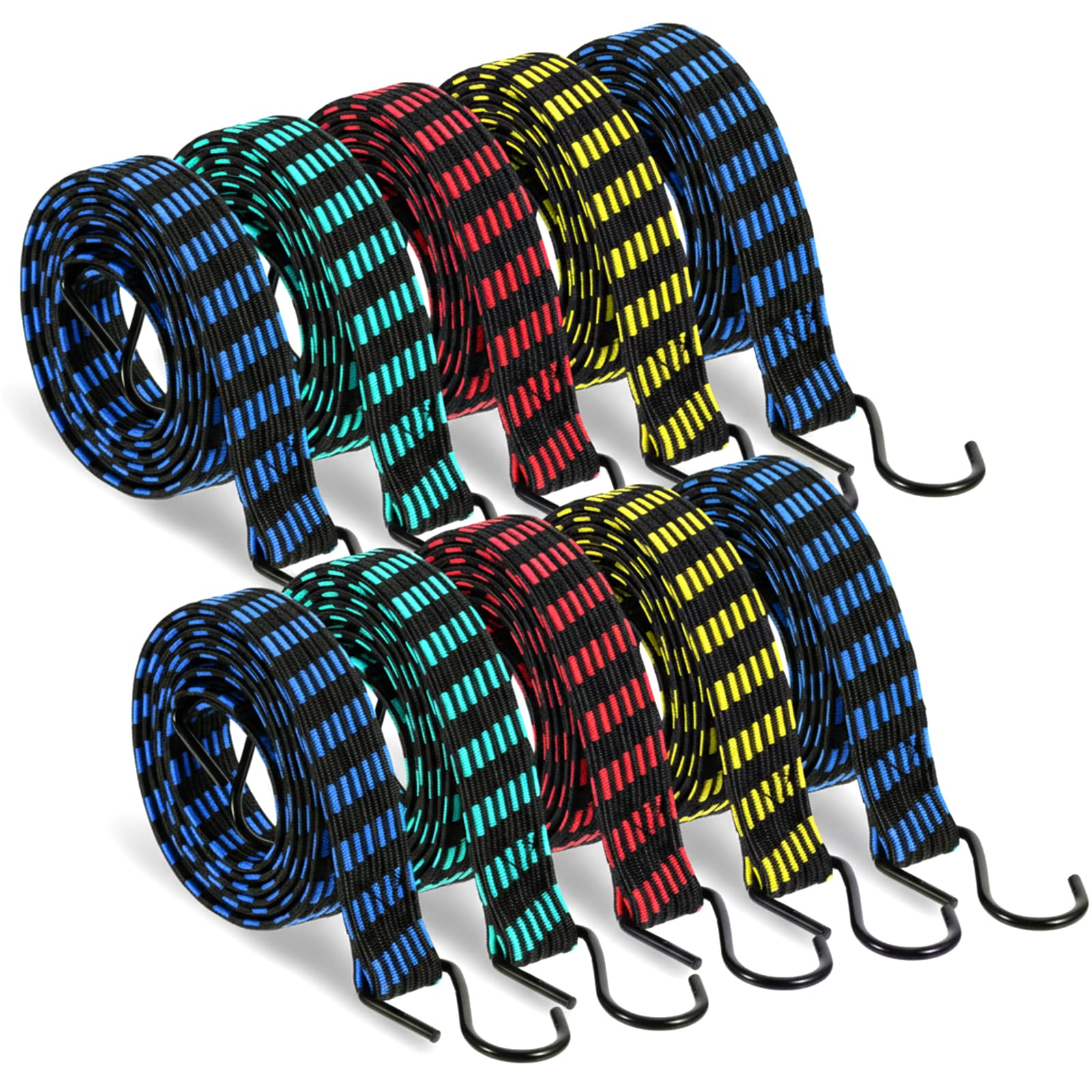 Photo 1 of 10 Pcs Long Bungee Cords with Hooks, Flat Bungee Cords Flat Bungee Rope Heavy Duty 77''-84''Inch Adjustable Extra Long for Outdoor Camping, Tarps, Bike Rack, Tent, Truck
