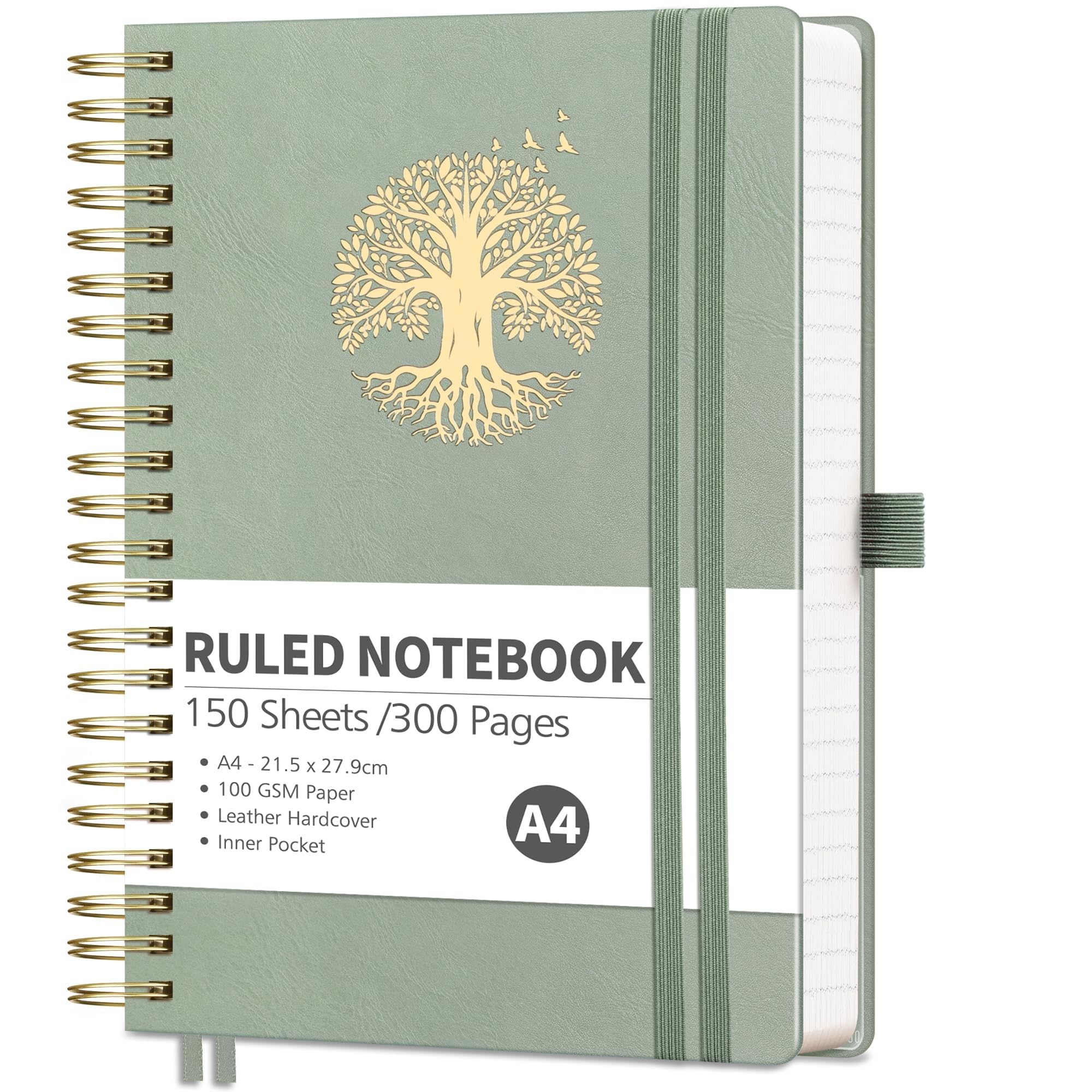 RETTACY Lined A4 Notebook Spiral Bound College Ruled Notebook 300 Pages, Thick Journal,Hardcover Leather Notepad for Work School,100gsm,Sticky Notes,21.5 x 27.9cm - LightGreen