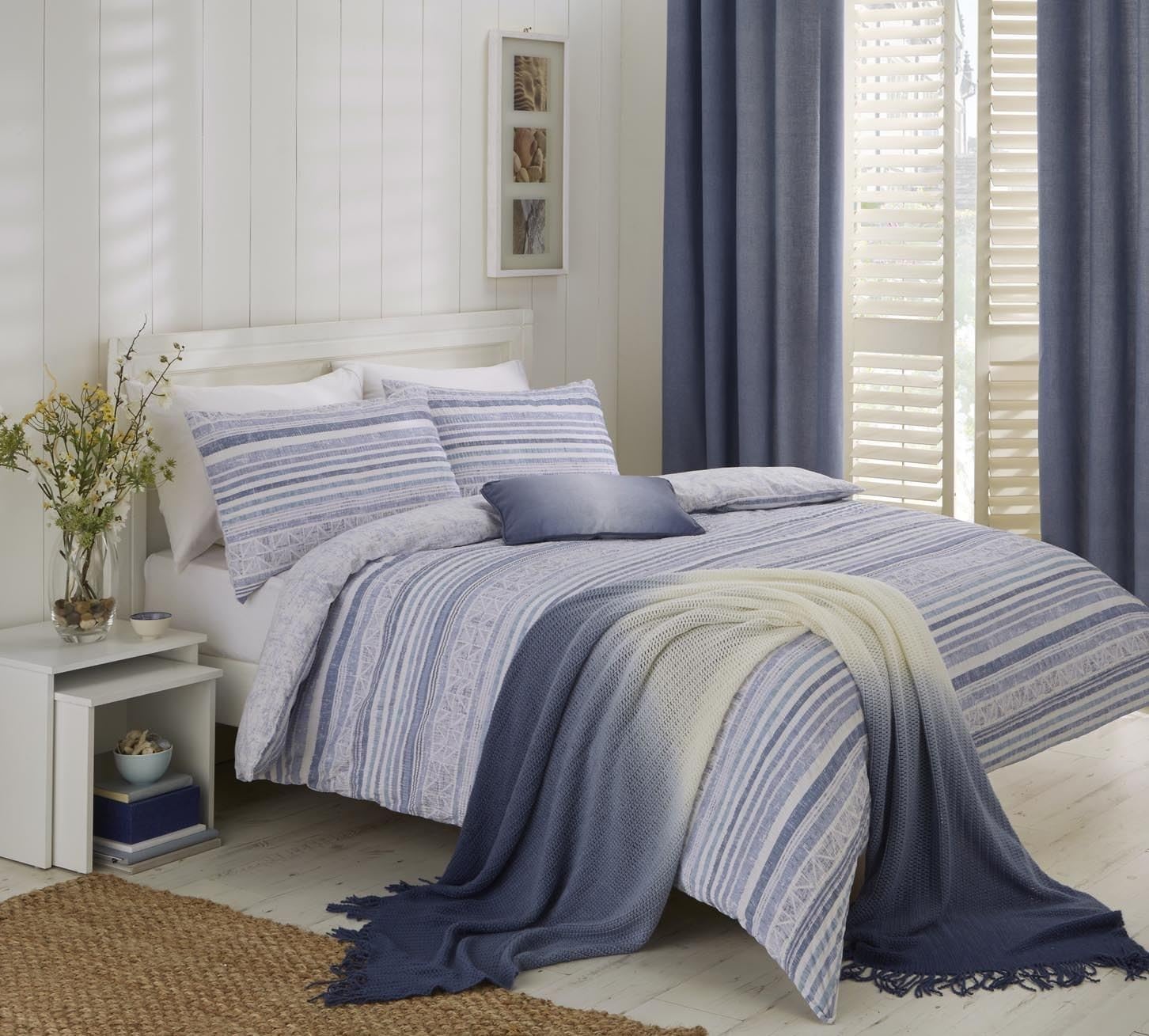 NAUTICAL STRIPES PIN TUCK BLUE WHITE COTTON BLEND USA TWIN