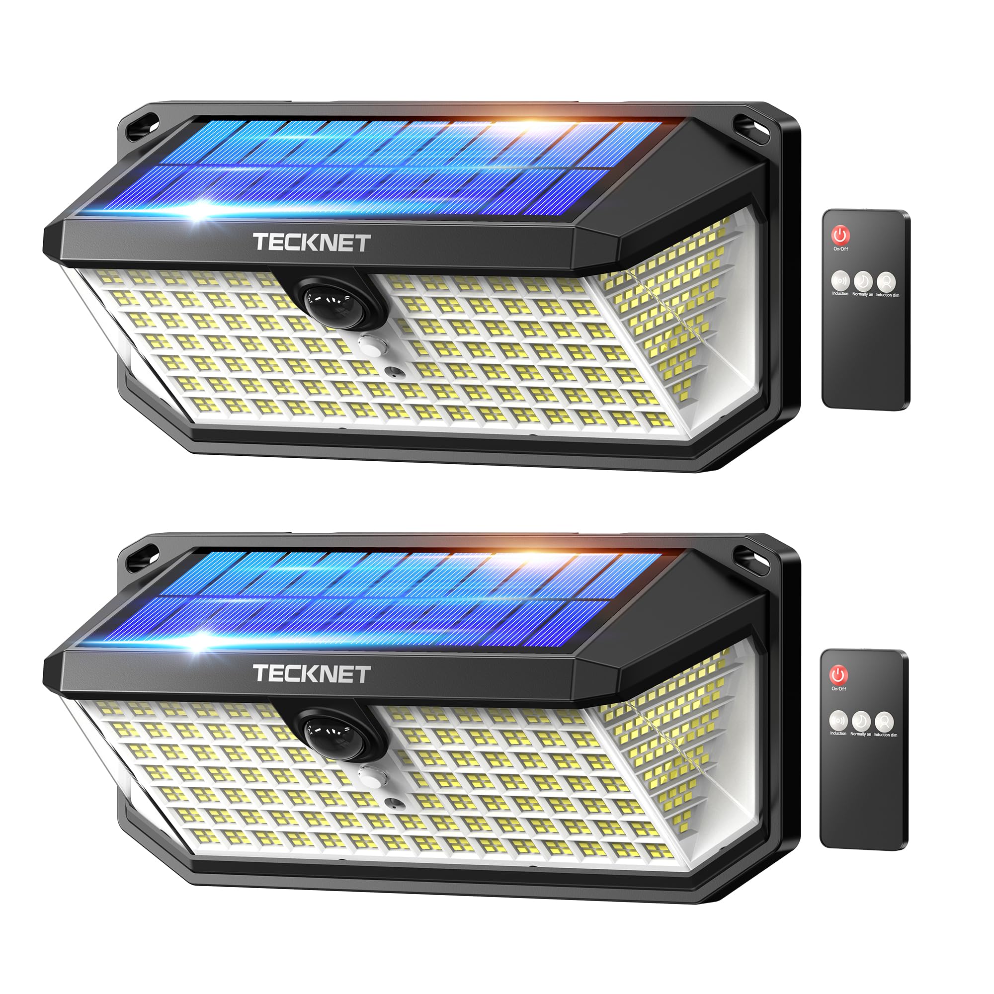TECKNET 546 LED Motion Sensor Outdoor Lights with Remote Control & Hook,7500LM Solar Lights Outdoor with 2200mAh & IP66 Waterproof, 300° Angle & 3 Modes, Solar Lights for Patio Fence Garage 2 Pack Image