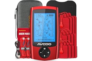 AVCOO TENS Unit with 24 Modes, Dual Channel TENS Unit Muscle Stimulator, Rechargeable TENS Machine for Muscles, Shoulder, Neck, Sciatica and Back Pain Relief with 12 Upgraded Pads, EVA Case, Red