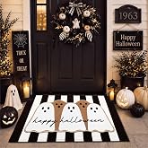 Tinideya 2 Pcs Halloween Door Mats Outdoor Layered Ghost Front Door Mat | Non Slip Black White Stripe Entrance Rug, Rubber Backing, Cute Spooky, Happy Halloween Decor for Front Porch Entryway Outside