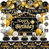 Black and Gold Birthday Decorations, Brithday Party Decorations for Men Boys Women Girls with Black Gold Happy Birthday Banner Decorations Tablecloth Backdrop Balloons Arch Bady Party Supplies