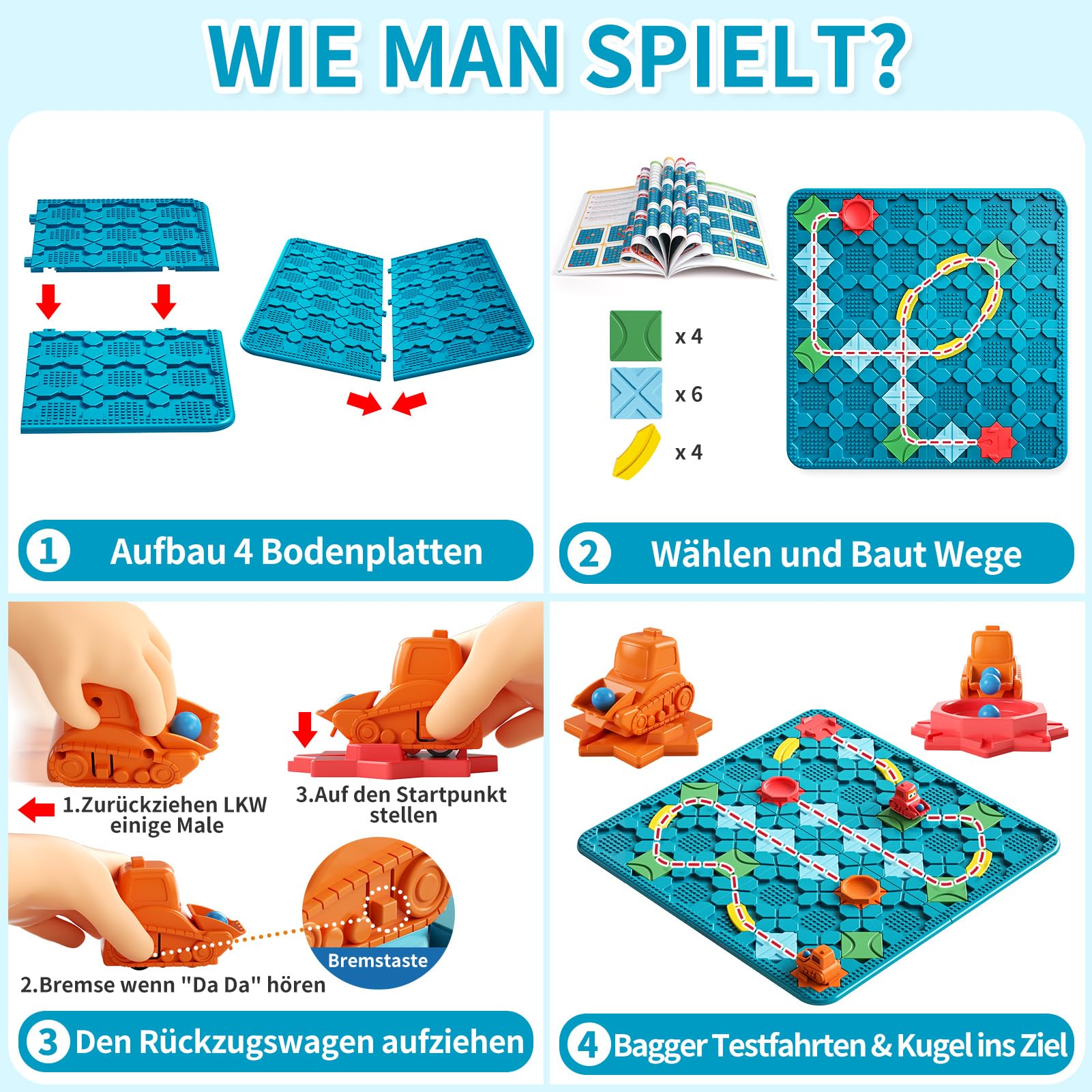 burgkidz Logischer Straßenbauer Brettspiel für Kinder 4 5 6 7 8 Jahre, 56 x 56 cm Großes Spielbrett Labyrinth Puzzle Logikspiel mit Rückzugbagger, STEM Geschenk Kinderspielzeug 5
