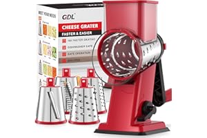 GDL Rotary Cheese Grater Hand Crank - Upgraded Cheese Shredder with 4 Interchangeable Blades, Rotary Grater with Non-Slip Suc